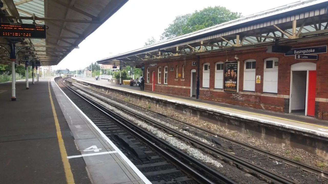 Basingstoke station. Trains to Waterloo run from four platforms here, and the 1,207-space Bunnian Place and North Yard car parks sit alongside them
